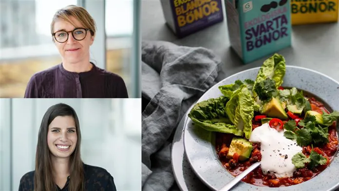 Bildmontage med Axfoods hållbarhetsinnovatör Helena, sortimentsutvecklare Ellinor och ett matmotiv