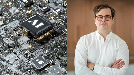 Två delad bild med porträtt på Axfoods AI-chef och en dataknapp med texten AI