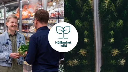 Åsa Domiej står i en matbutik och pratar med en kollega